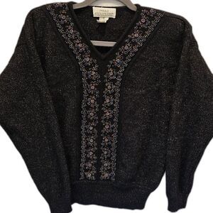 Vintage 80s Black Angora & Lambs Wool Beaded Embellished Sweater Size Medium